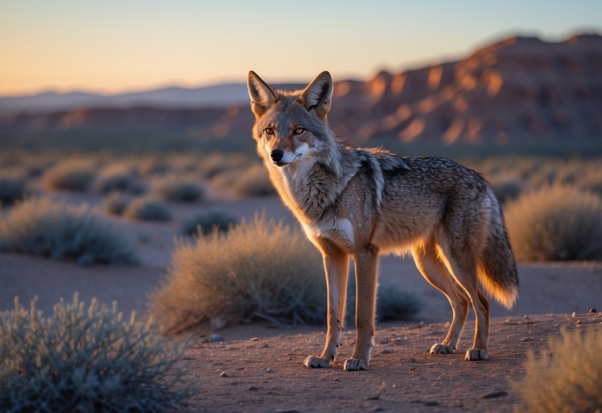 A wild coyote standing alert in a desert landscape with dry shrubs and rocky terrain at sunset.