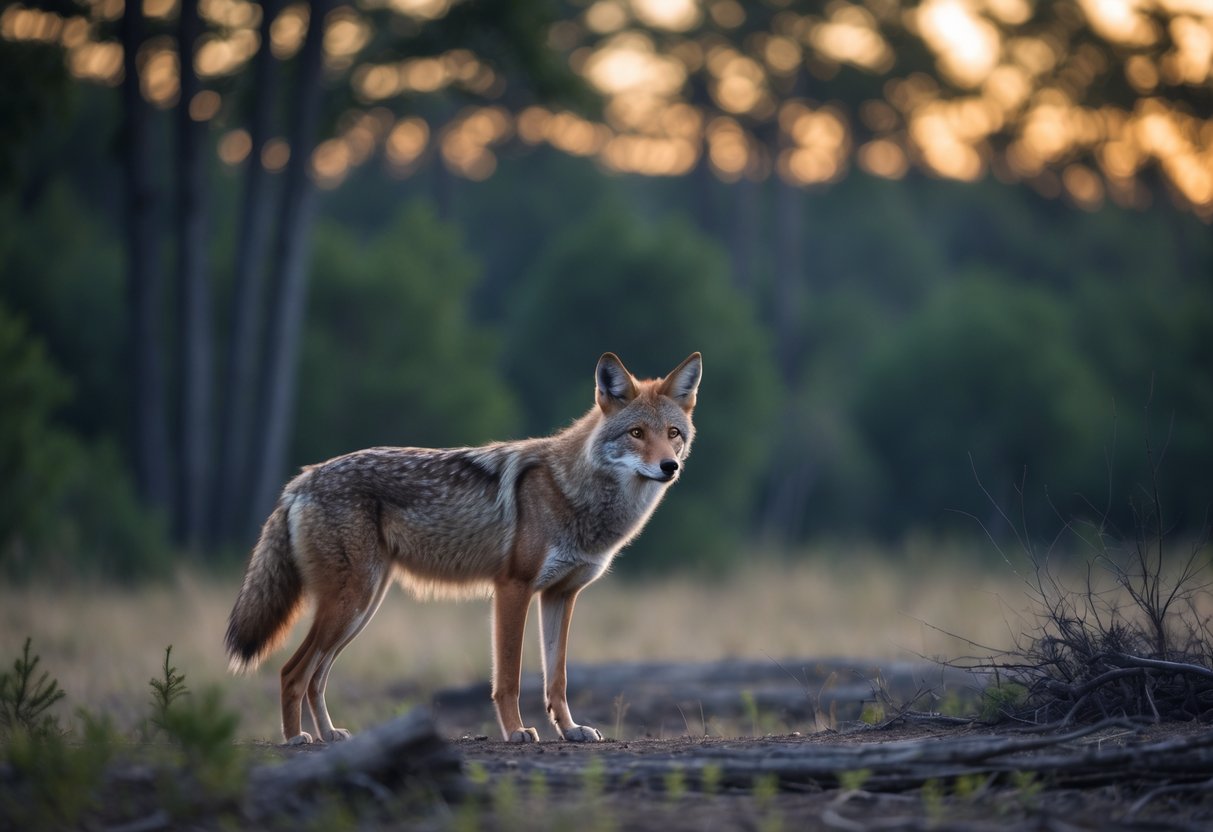 A coyote standing alert near the edge of a forest clearing at dusk.