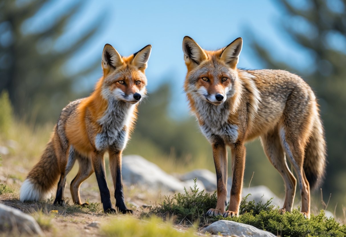A red fox and a coyote standing side by side in a grassy outdoor setting with trees in the background.