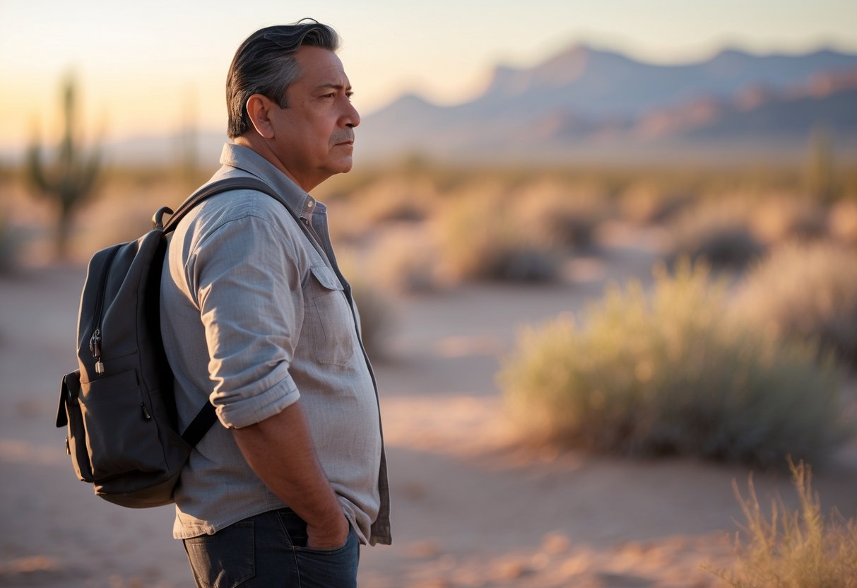 A middle-aged Hispanic man standing outdoors near a desert landscape, holding a small backpack and looking thoughtfully into the distance.