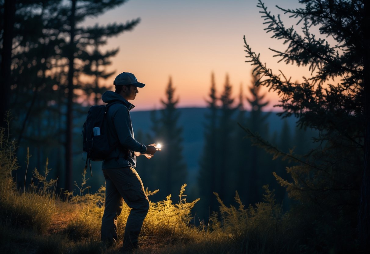 Person standing near a forest edge at dusk, holding a flashlight and phone, with coyotes visible in the background among the trees.