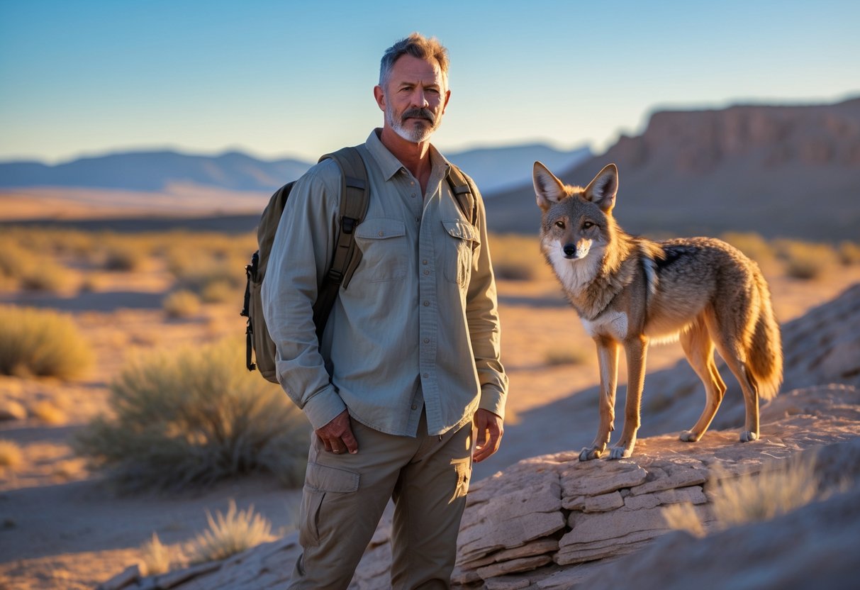 A man standing at the edge of a desert landscape with a coyote nearby, under a clear blue sky.