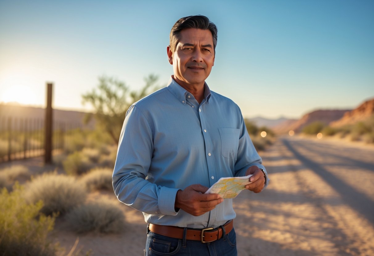 A middle-aged man standing near a desert border area holding a map, with a fence and rugged terrain in the background under a clear sky.