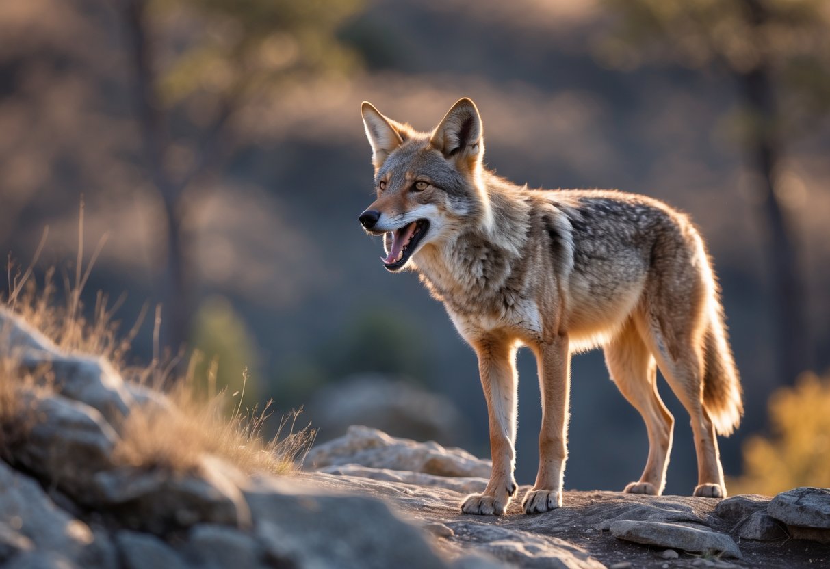 A wild coyote standing on rocky ground, barking and looking alert in a natural forest setting.