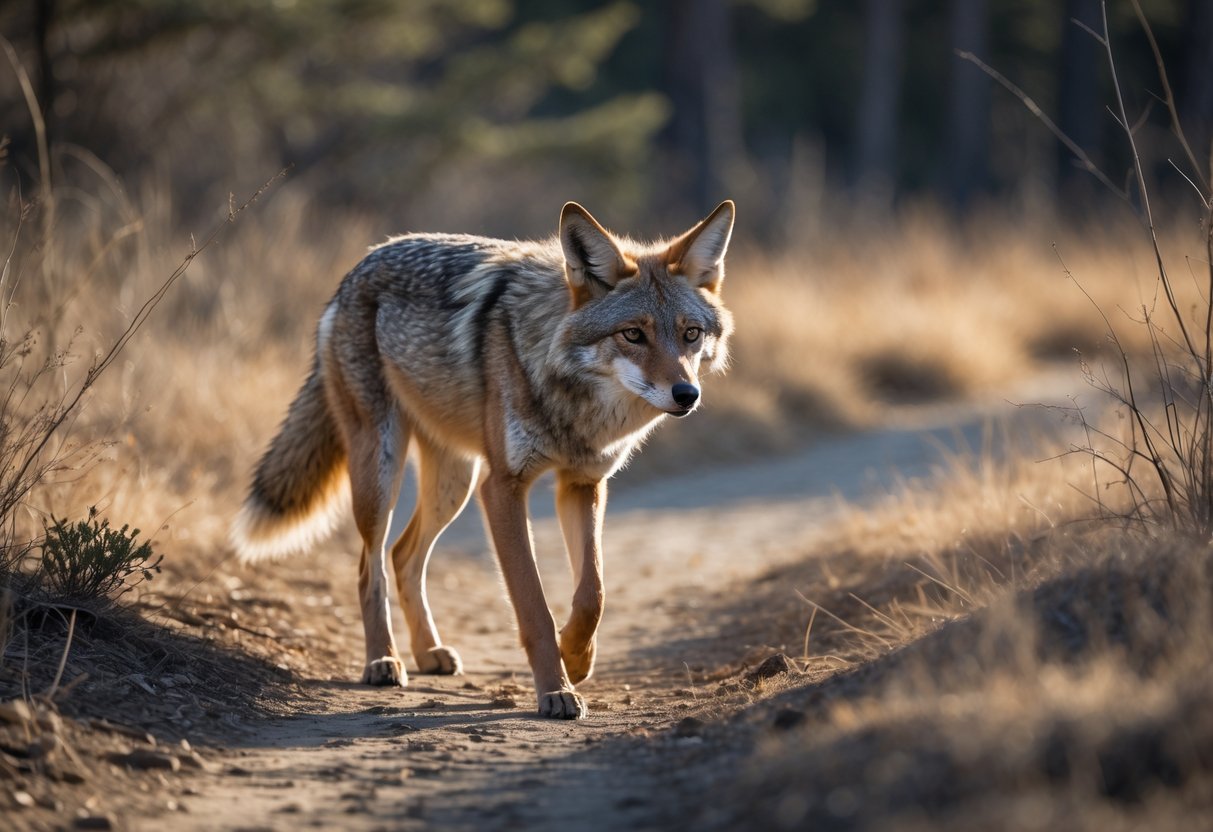 A coyote walking cautiously on a dirt path in a natural outdoor setting with grass and shrubs.