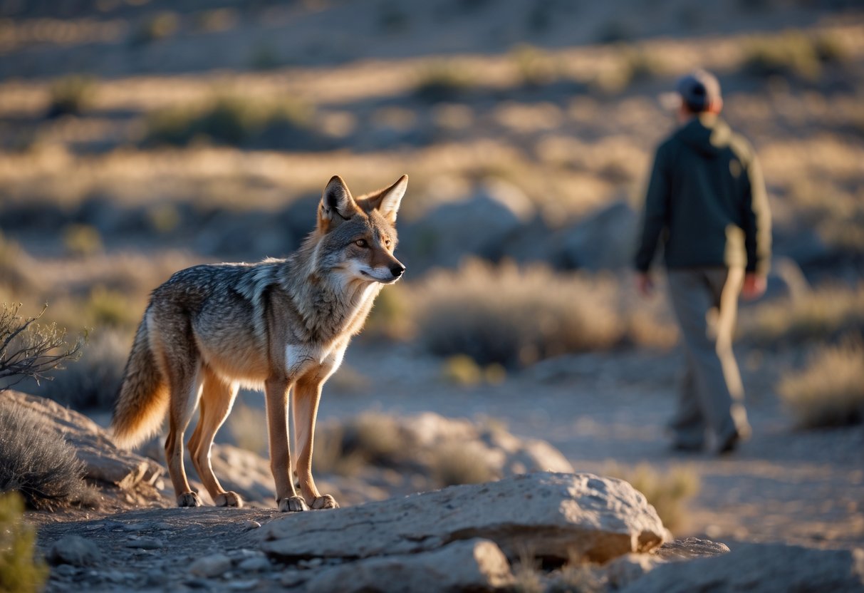 A wild coyote standing alert on rocky terrain watching a person walking at a distance in a dry natural landscape.