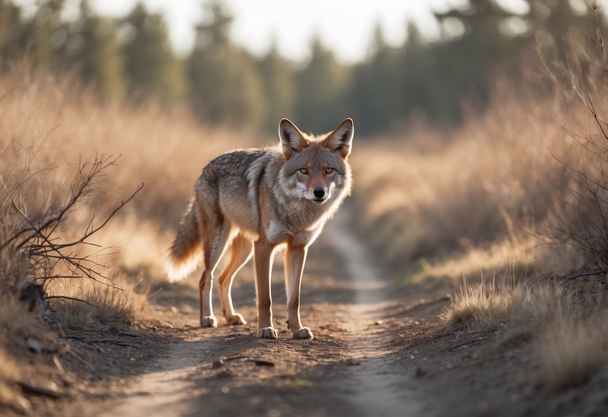 A coyote standing alert on a dirt path surrounded by dry grass and shrubs, looking toward the camera in a natural outdoor setting.