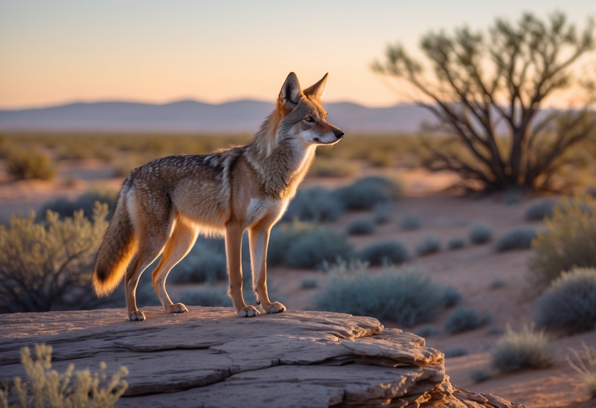A lone coyote standing on a rocky outcrop in a desert landscape at dawn, looking into the distance.