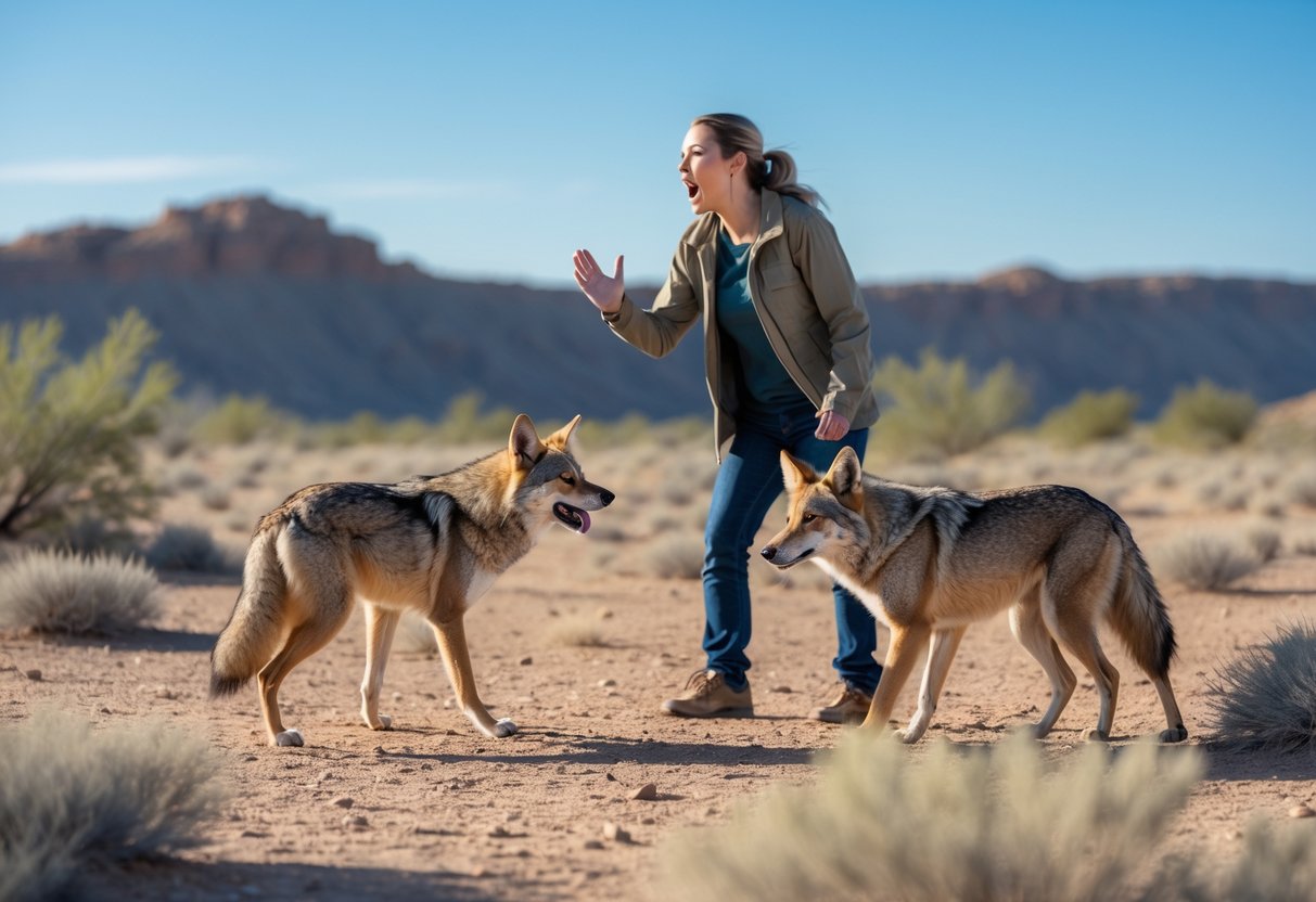 A person yelling at a cautiously retreating coyote in a dry desert landscape with sparse vegetation and rocky hills.