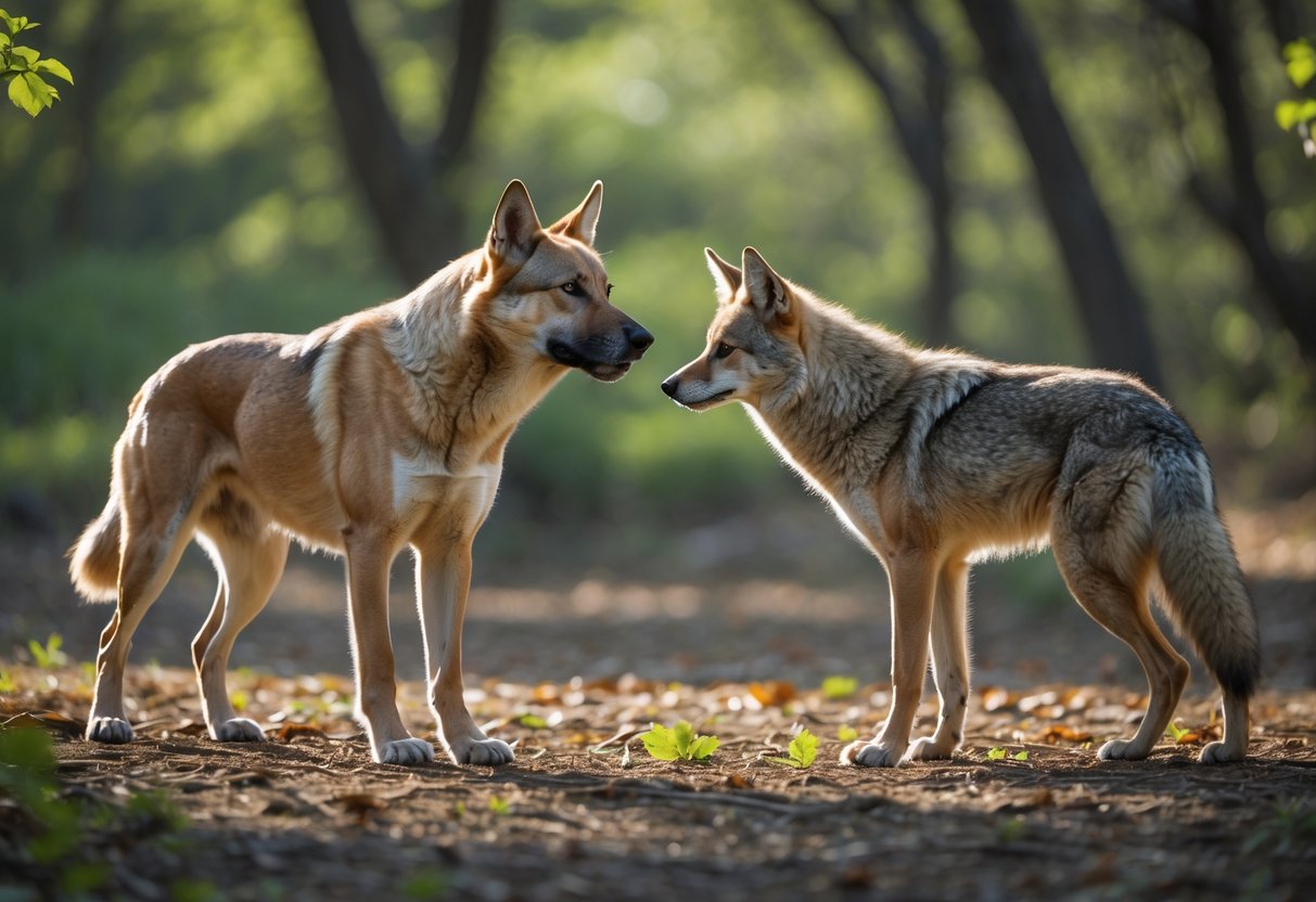 A large dog and a coyote face each other in a forest clearing, both standing alert and tense.