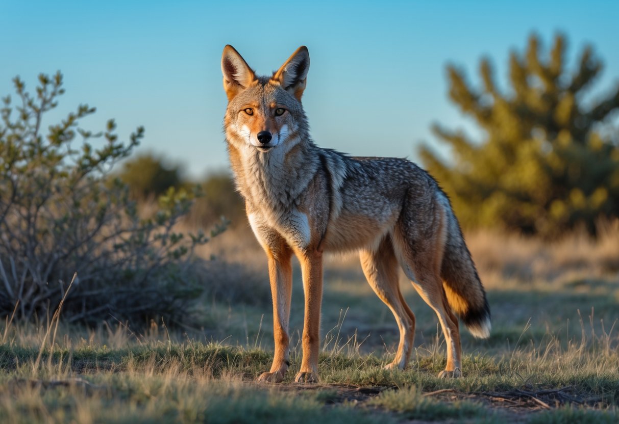A coyote standing alert in a grassy field with trees in the background during sunset.