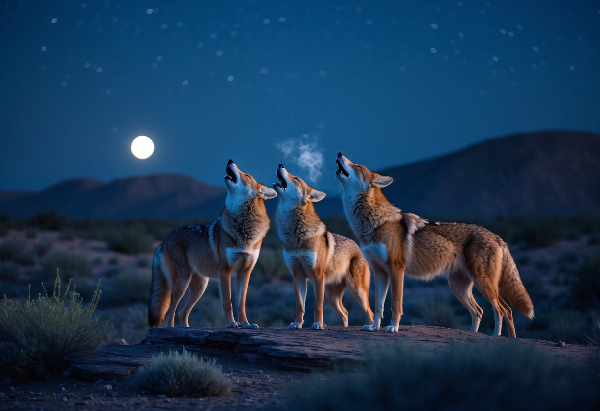 A group of coyotes howling on a rocky hill at night under a starry sky.