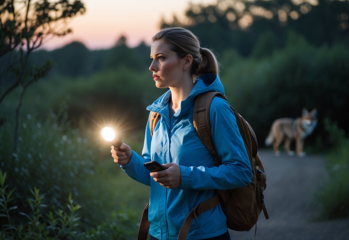 A person outdoors looking alert and cautious near a forest edge with a distant coyote silhouette visible behind bushes.