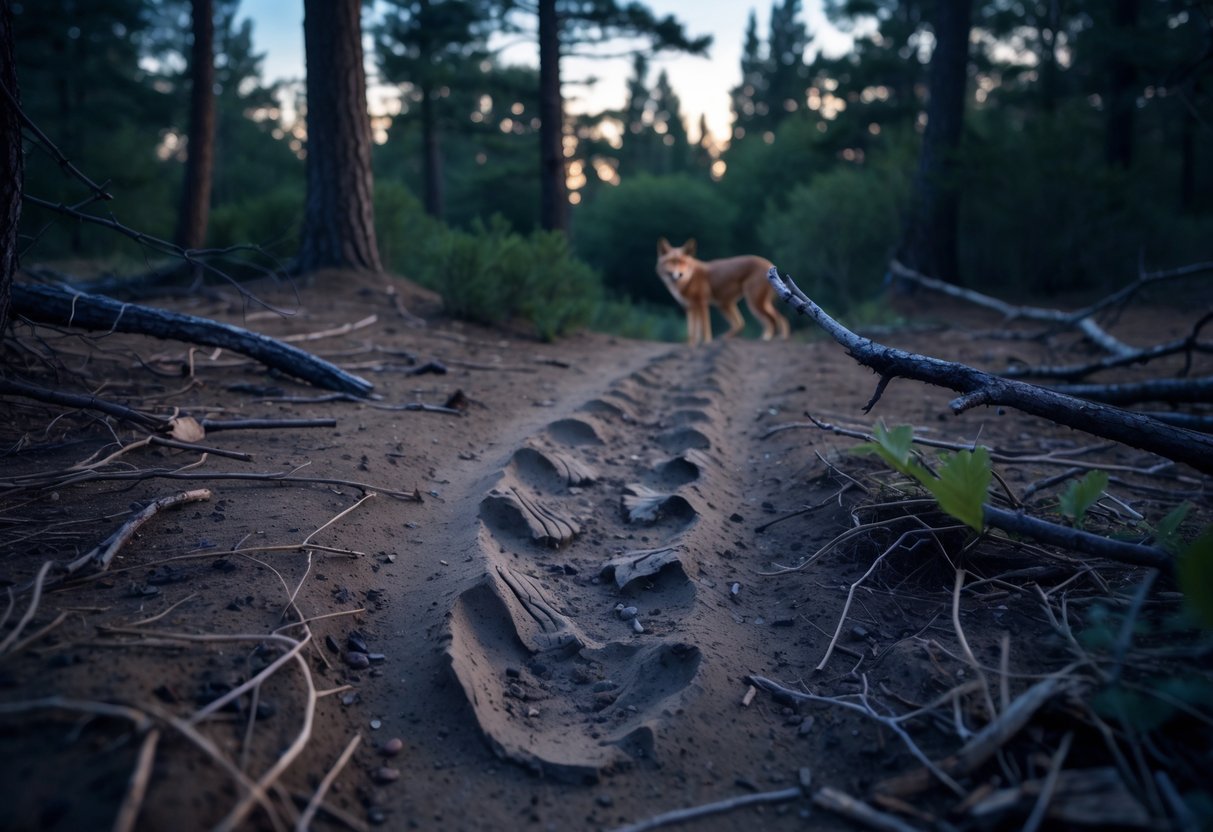 A forest clearing at dusk with fresh coyote tracks on the ground and a partially hidden coyote in the background among trees and bushes.