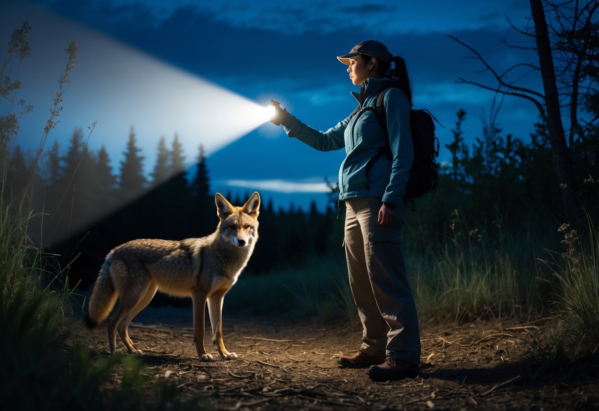 A person shining a flashlight at a cautious coyote in a forest clearing at dusk.