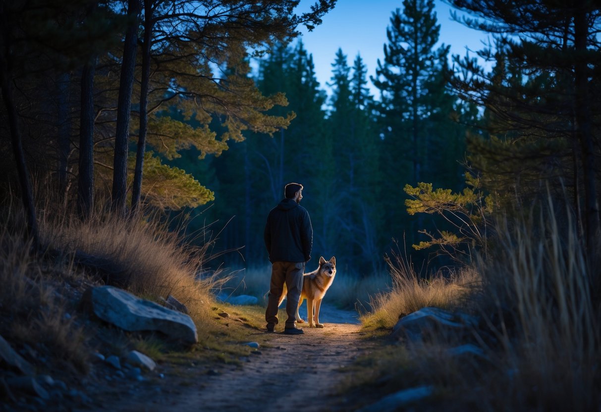 A person standing near a forest edge at twilight with a coyote silhouette visible among the trees and tall grass.
