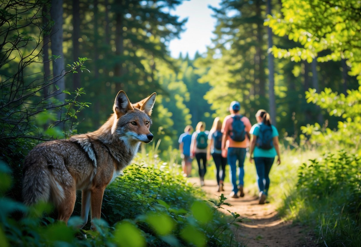 A coyote watches a group of hikers from behind bushes in a forest.