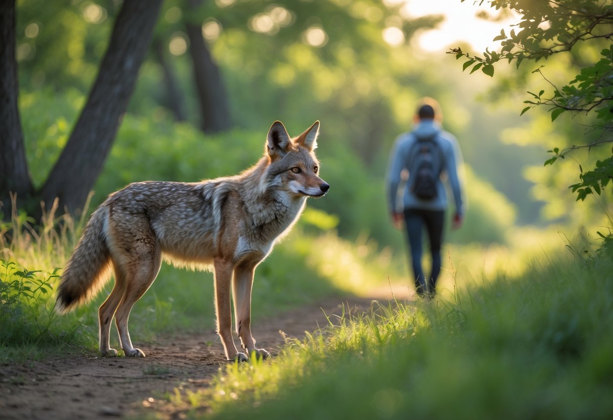 A wild coyote alertly watching a person walking on a trail in a forested area during the day.