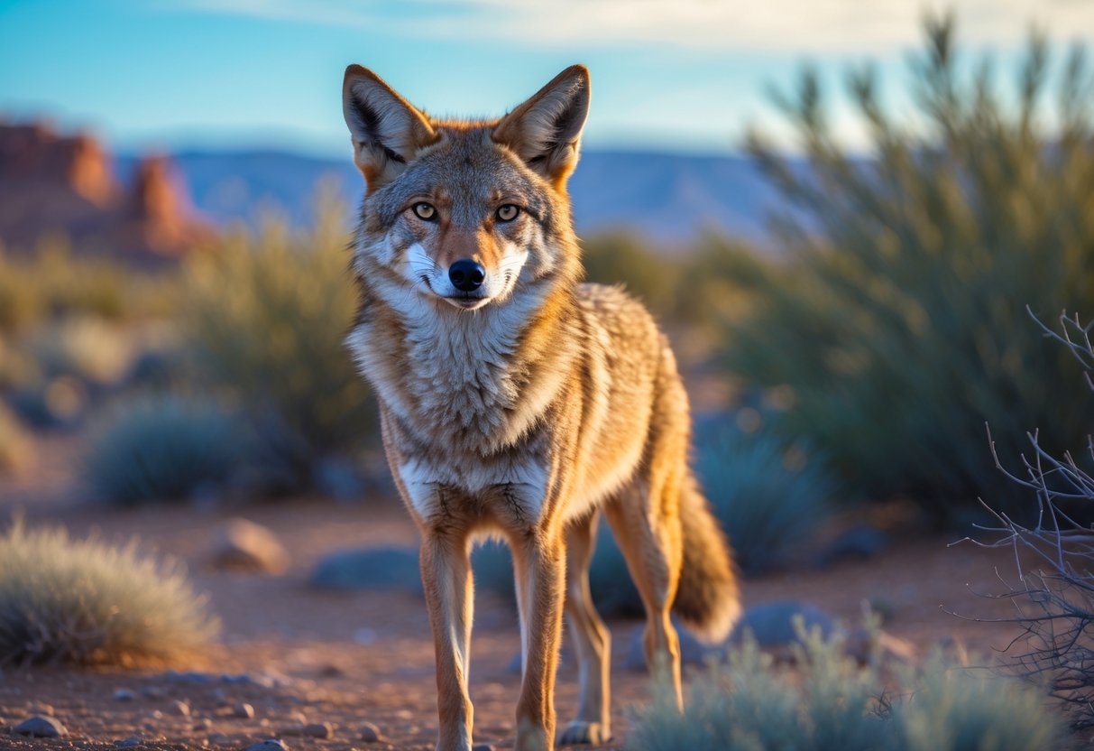 A coyote standing alert in a desert landscape with shrubs and rocks under a clear sky.