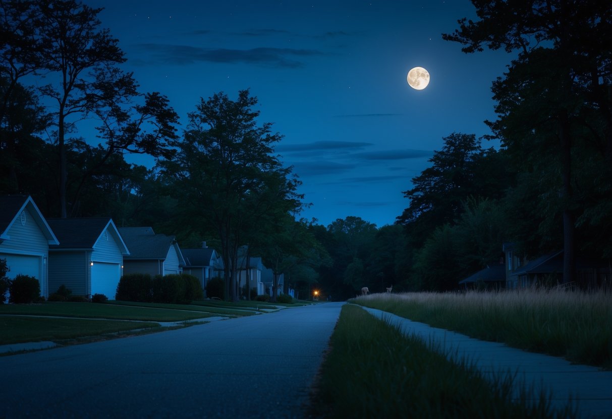 A quiet suburban street at twilight with trees and a coyote silhouette near the edge of the forest.