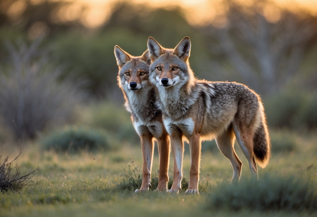 Two coyotes standing close together in a grassy field with trees in the background.