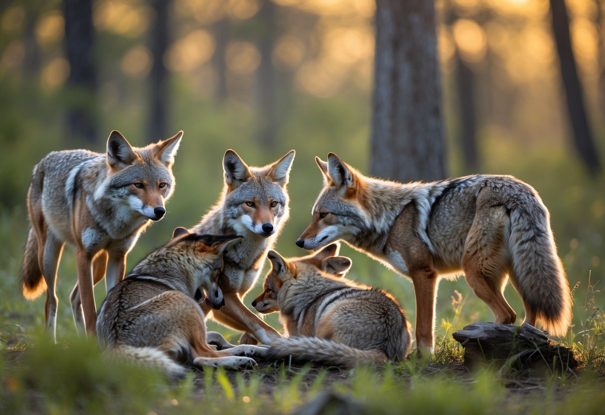 A group of coyotes interacting closely in a forest, showing social behavior and bonding.