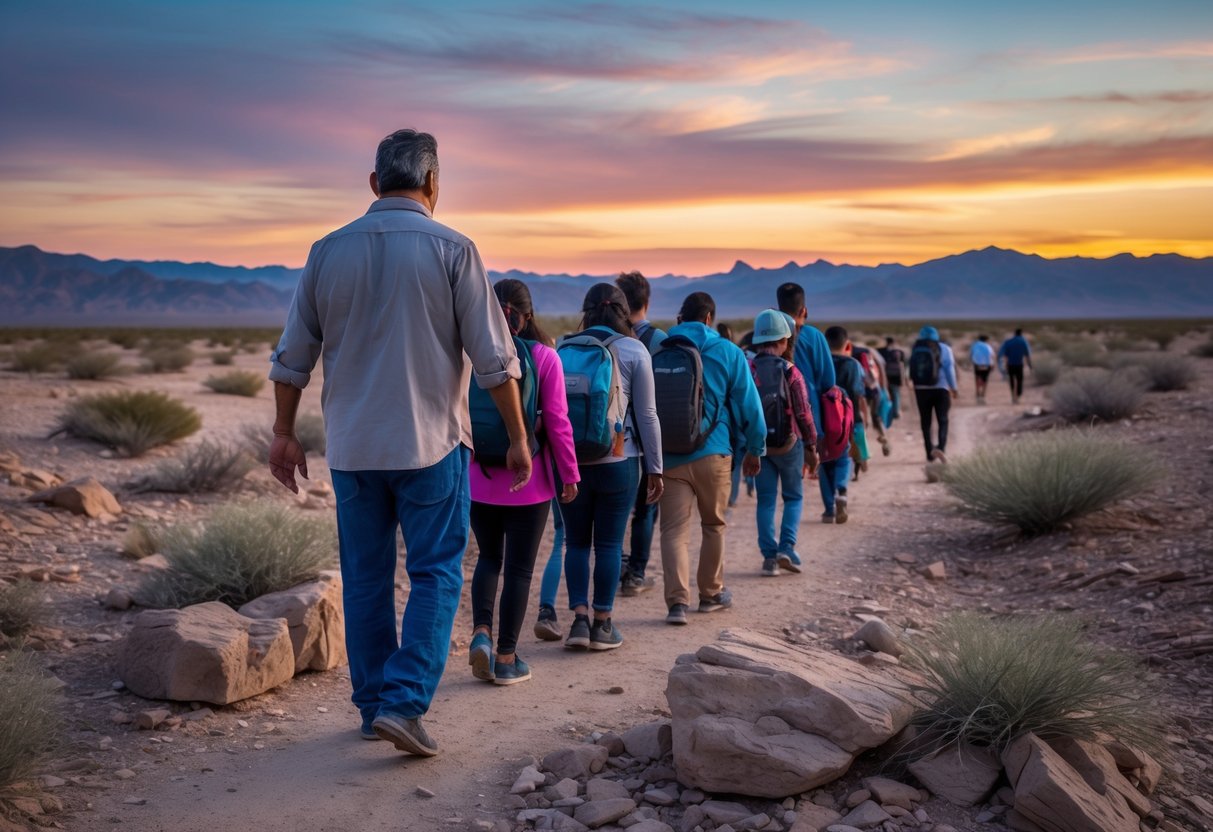 A man leading a group of migrants through a desert landscape at sunset.