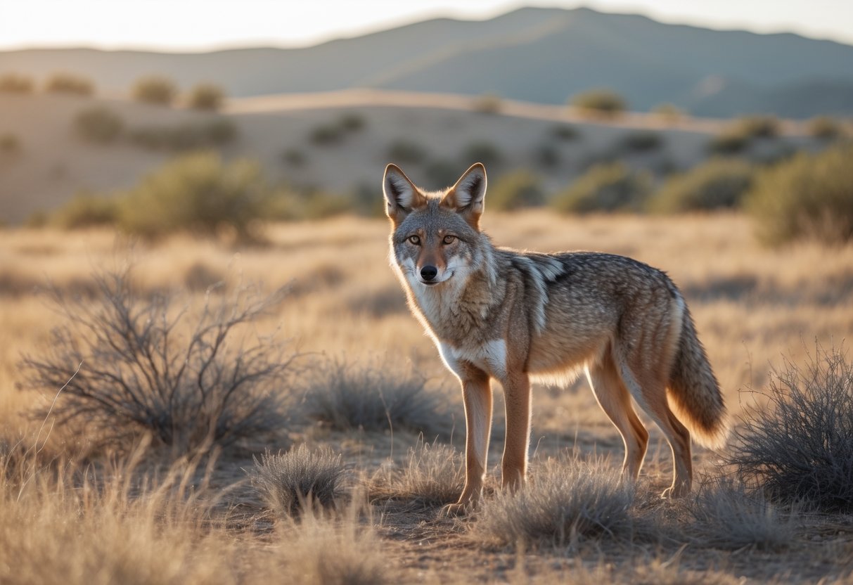 A coyote standing alert in a grassy open field with hills in the background under a clear sky.