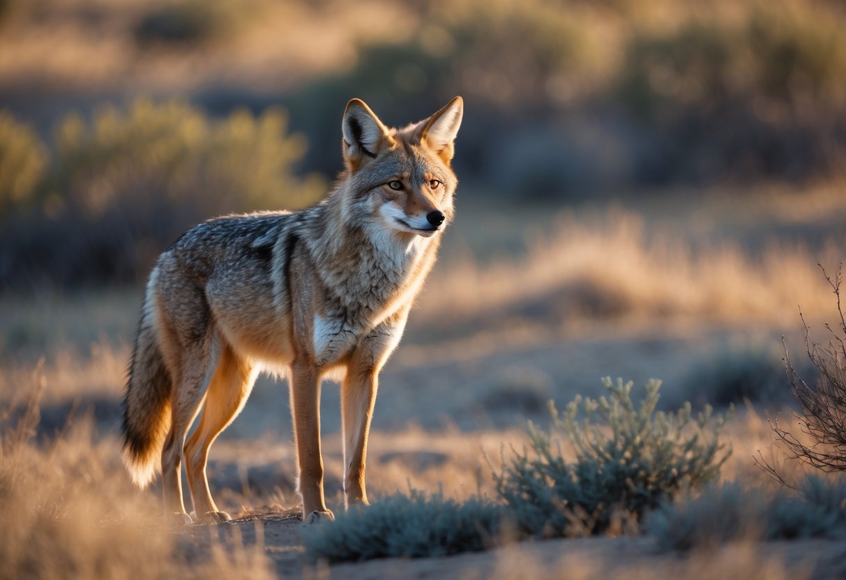 A coyote standing in dry grasslands with shrubs, looking alert in natural sunlight.