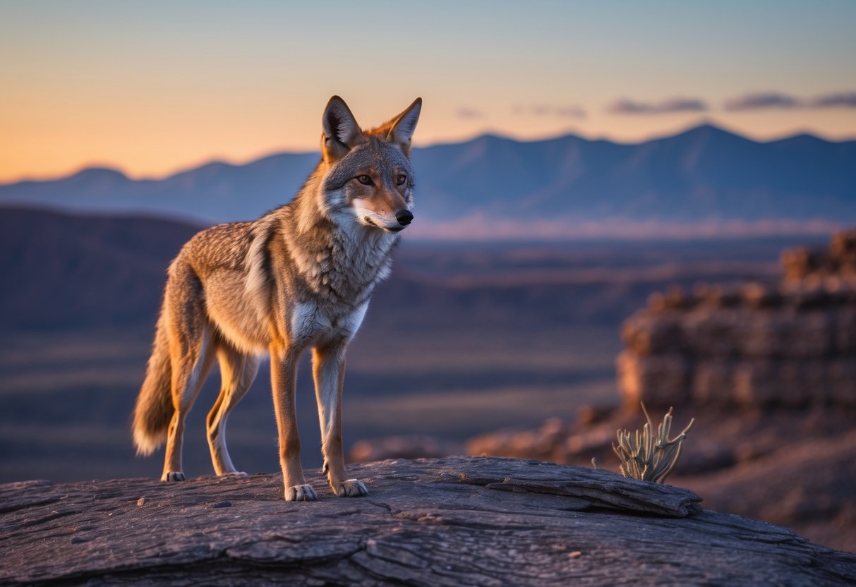 A lone coyote standing on a rocky outcrop with a desert landscape and mountains in the background at sunrise.