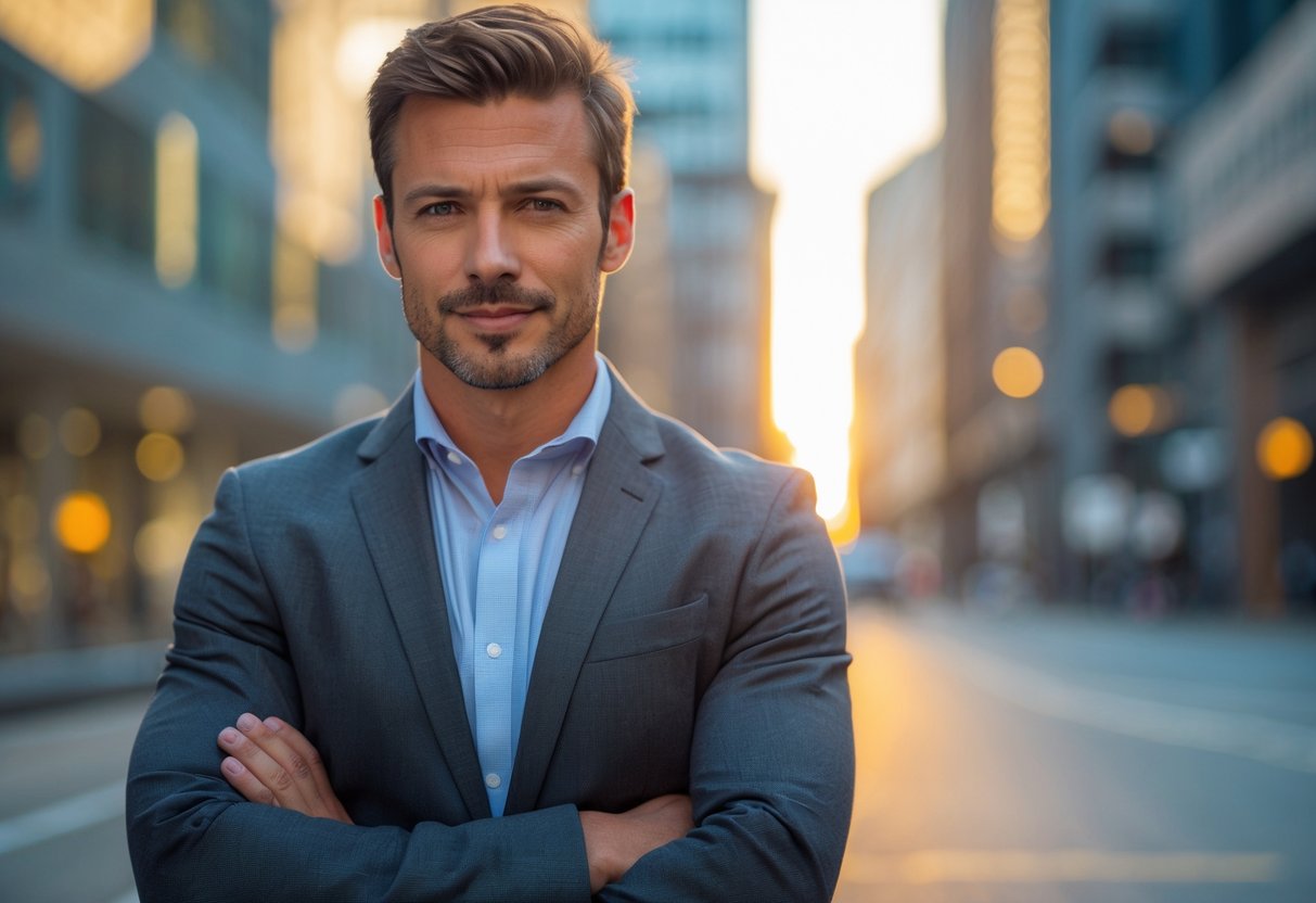 A confident man in business casual clothes standing in a city with a sharp, alert expression.