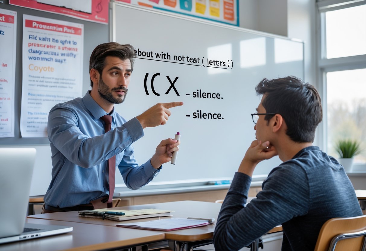 Teacher and student in a classroom discussing pronunciation with a whiteboard showing phonetic symbols and the word 'coyote'.