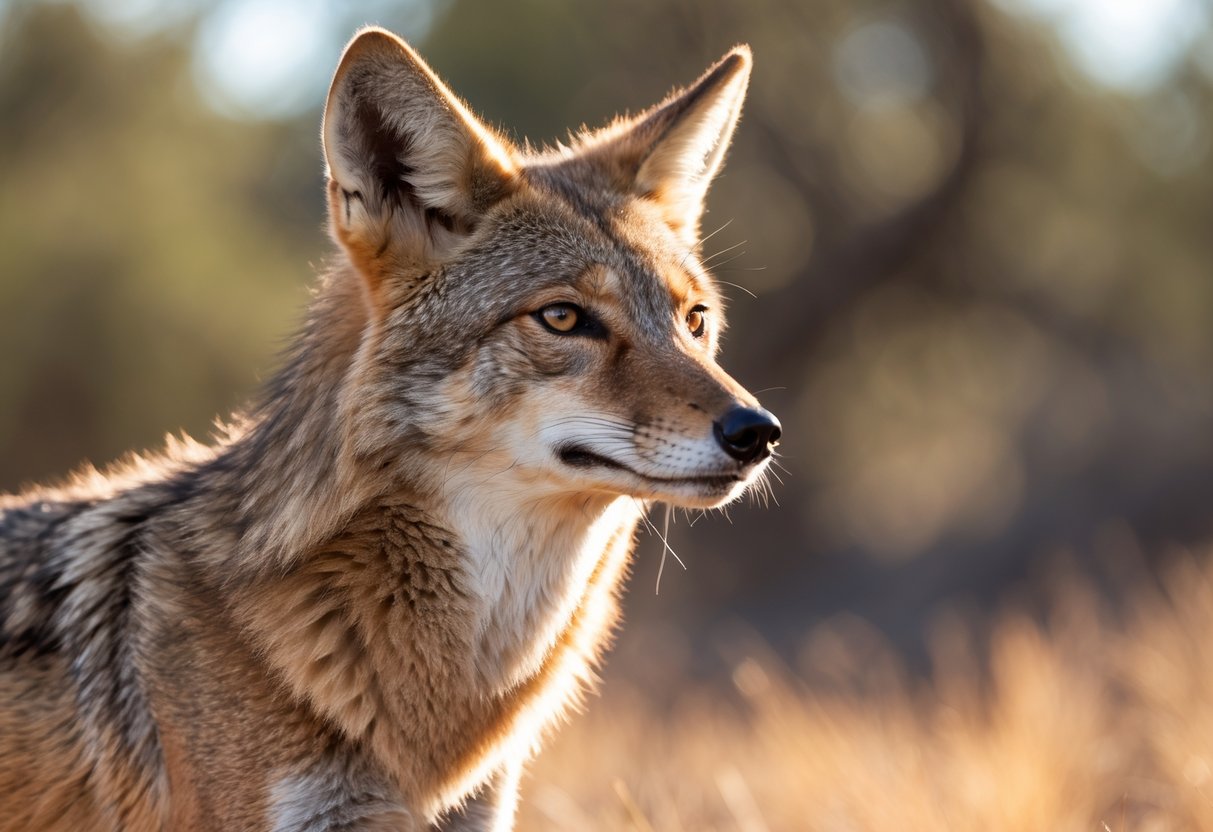 A close-up of a wild coyote standing alert in a natural outdoor setting with blurred background.