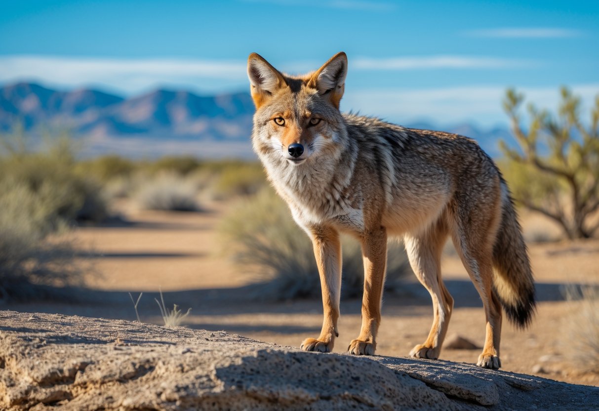 A coyote standing on a rocky area in a desert landscape, looking alert and focused.
