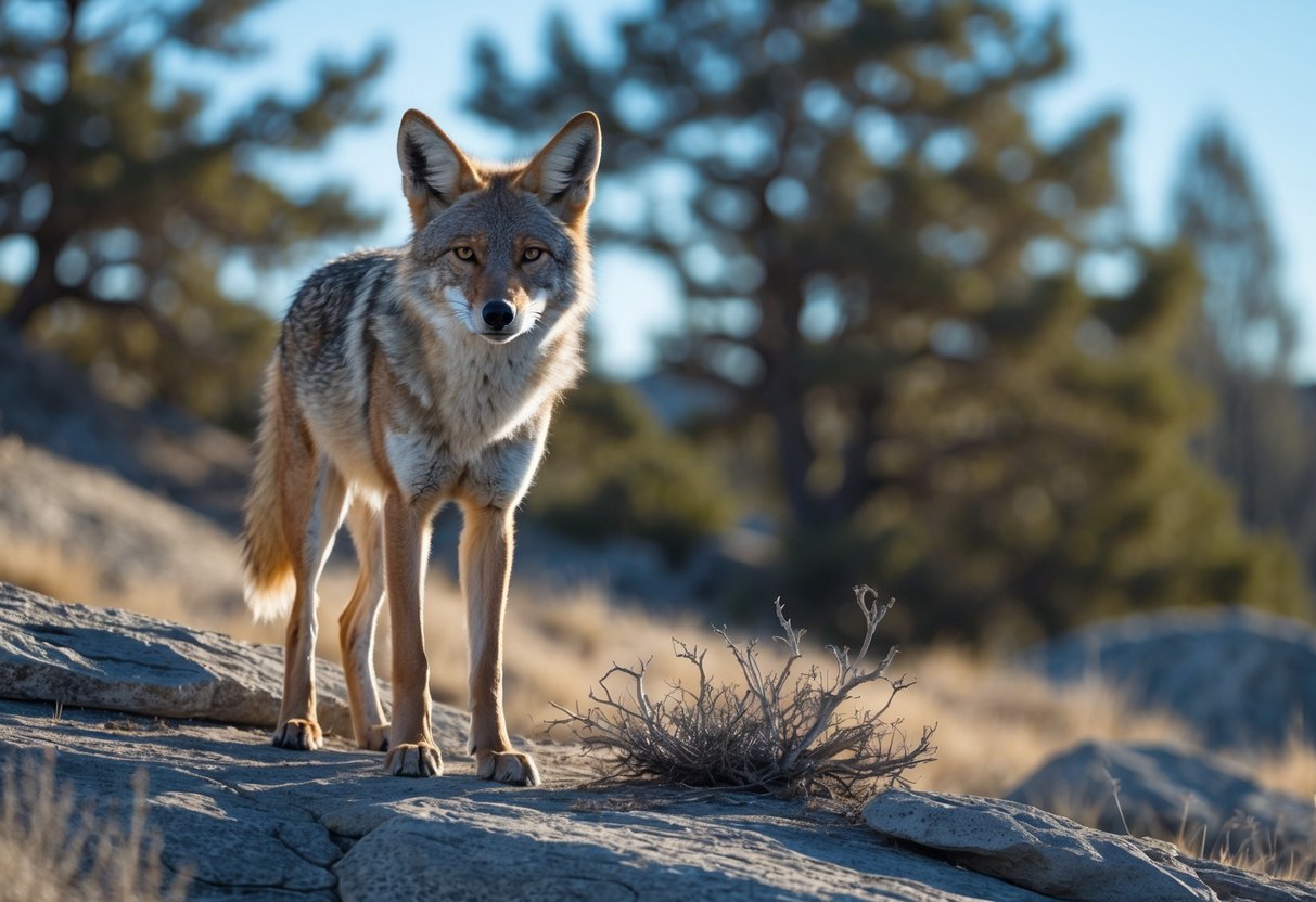 A coyote standing calmly on rocky ground with trees and a clear sky in the background.