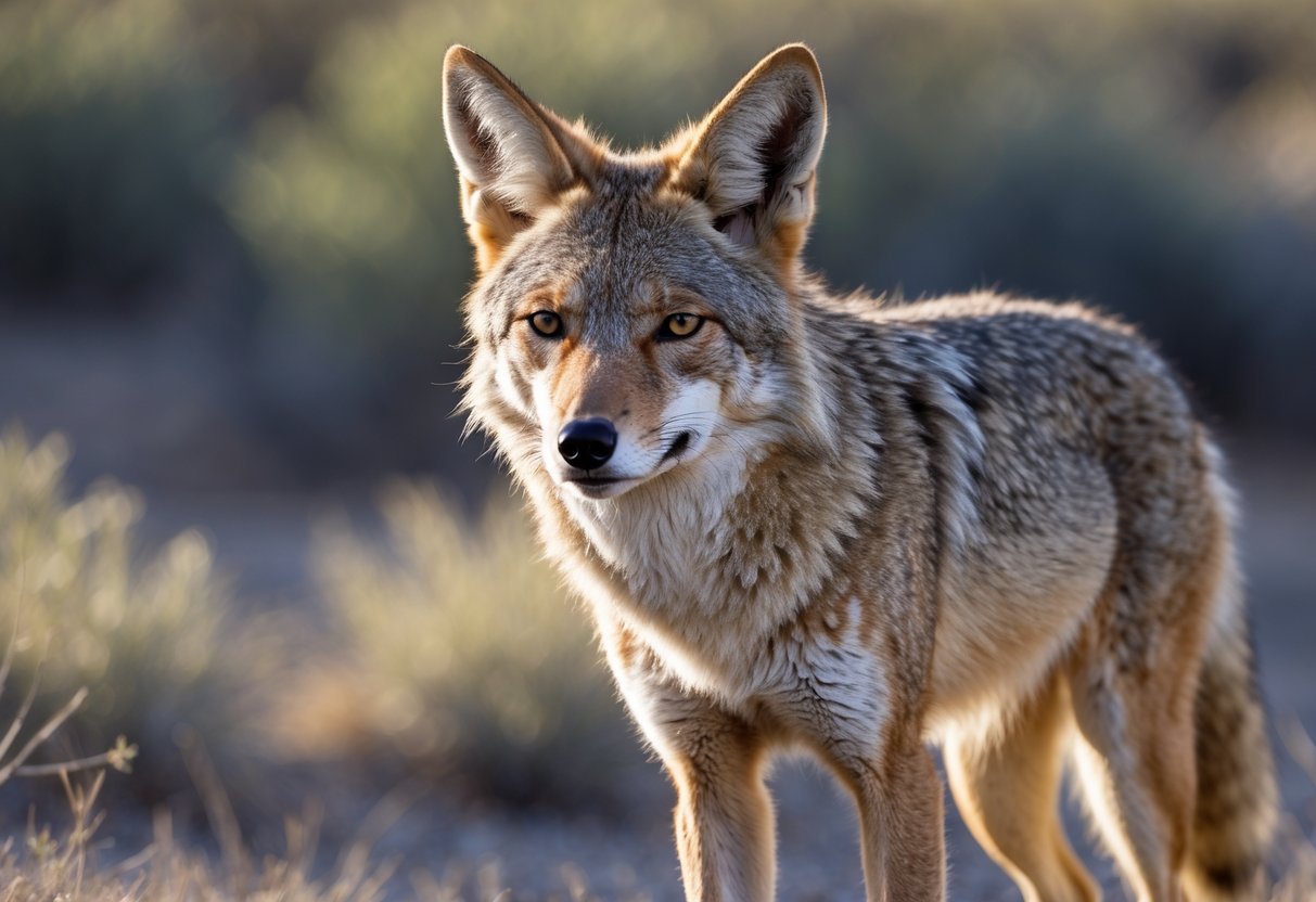 Close-up of a coyote standing alert in a natural grassy and shrubby outdoor environment.