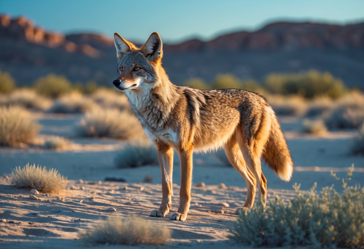 A coyote standing in a desert landscape with shrubs and rocky hills in the background.
