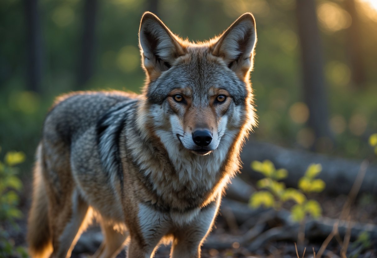 A wild canine standing alert in a forest clearing with detailed fur and sharp eyes, surrounded by green foliage.