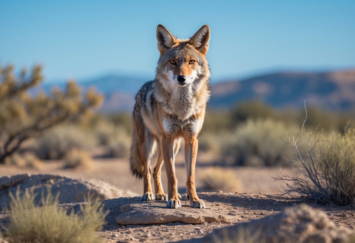A coyote standing on rocky ground with desert plants and hills in the background, looking toward the camera.