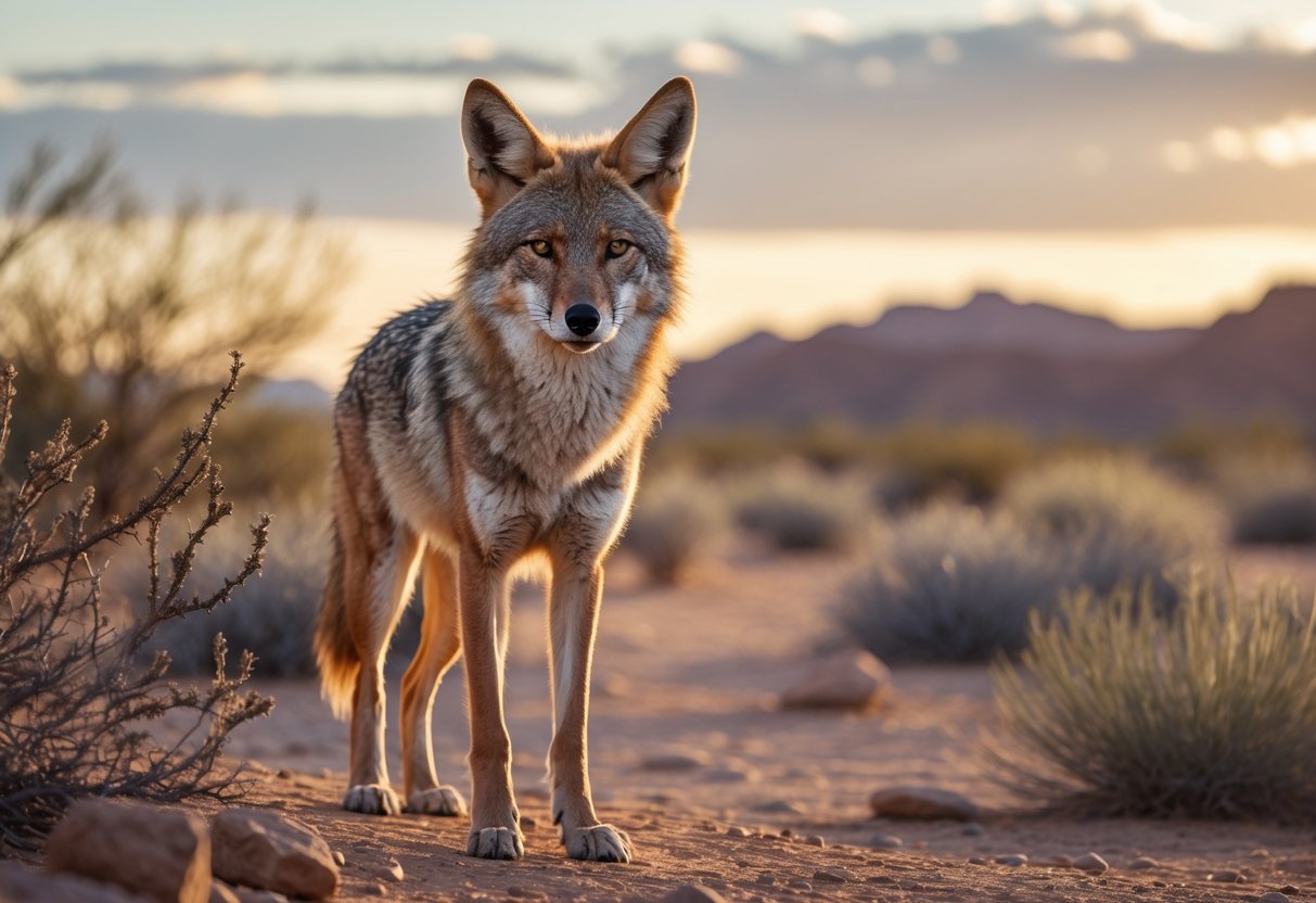 A wild coyote standing alert in a desert landscape with dry shrubs and rocky terrain during sunset.