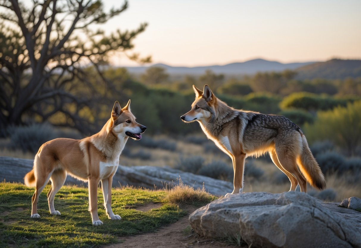 A domestic dog and a wild coyote facing each other in a natural outdoor setting with trees and hills in the background.