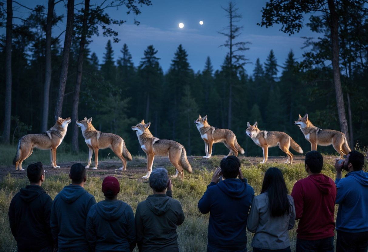 A group of coyotes in a forest clearing at dusk with several people watching and listening nearby.