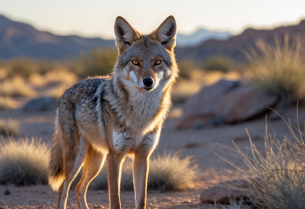 A wild coyote standing alert in a desert landscape with rocks and dry grasses under a clear sky.