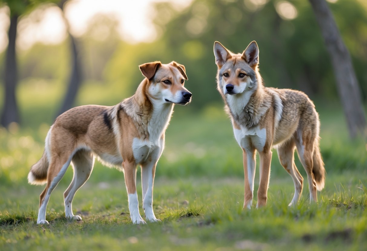 A male dog and a female coyote standing side by side in a grassy outdoor area.