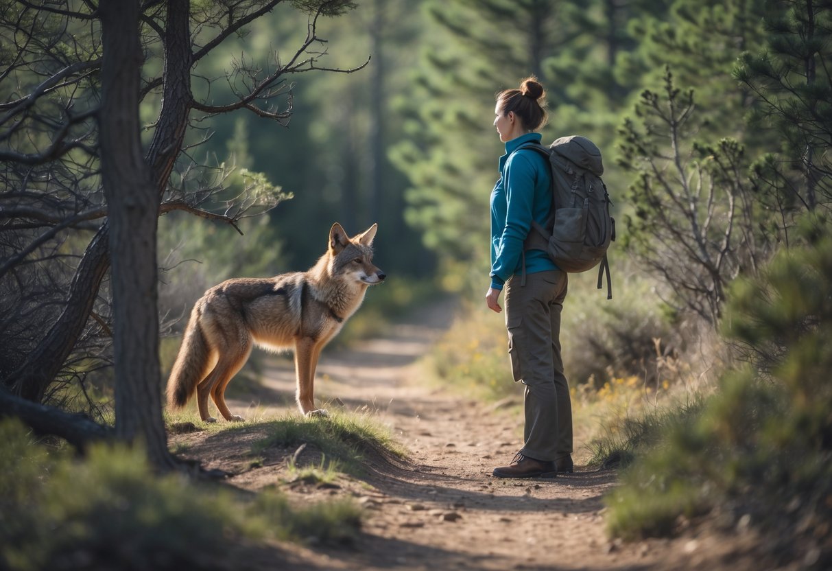 A person cautiously observing a coyote from a safe distance on a forest hiking trail.