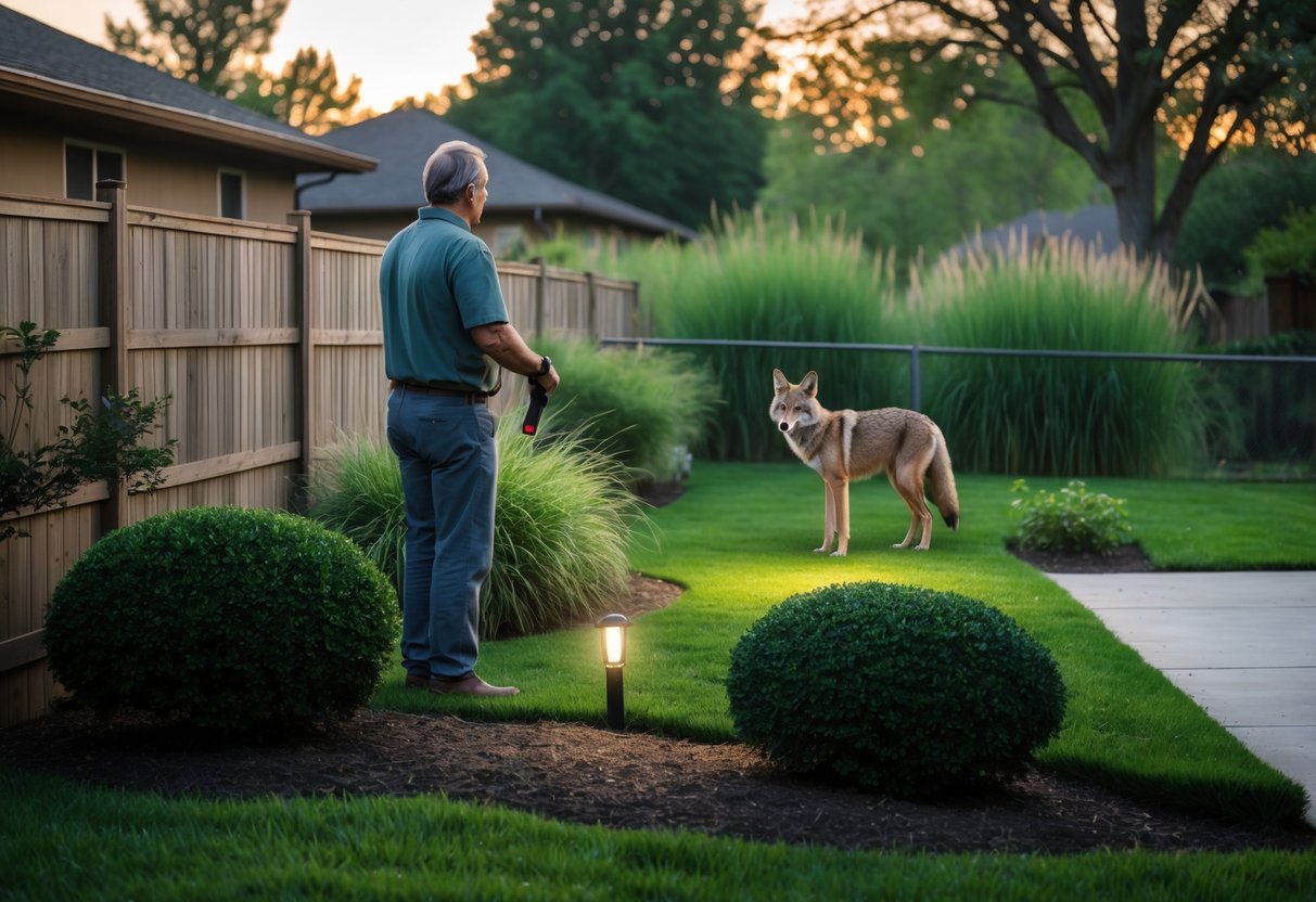 A person in a backyard looking cautiously at a coyote standing near the edge of the yard behind some trees.