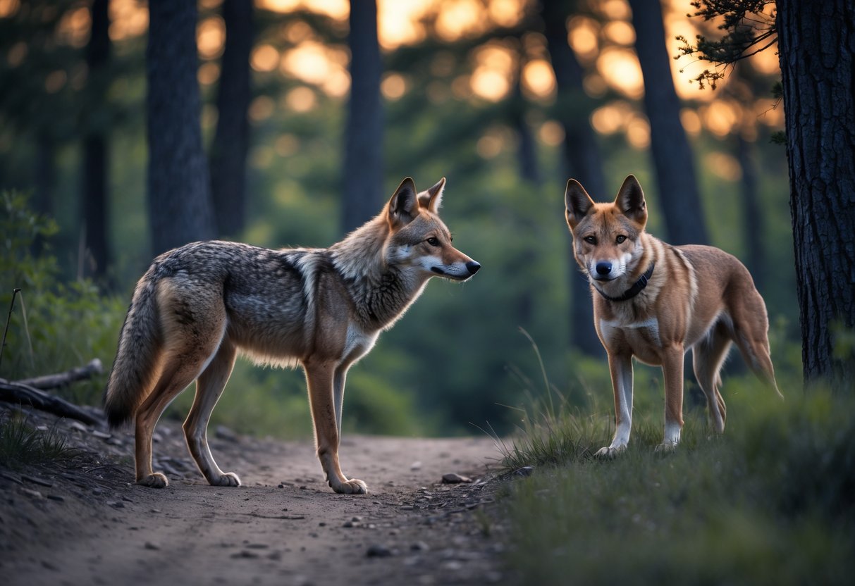 A coyote and a dog face each other cautiously on a forest trail at dusk.