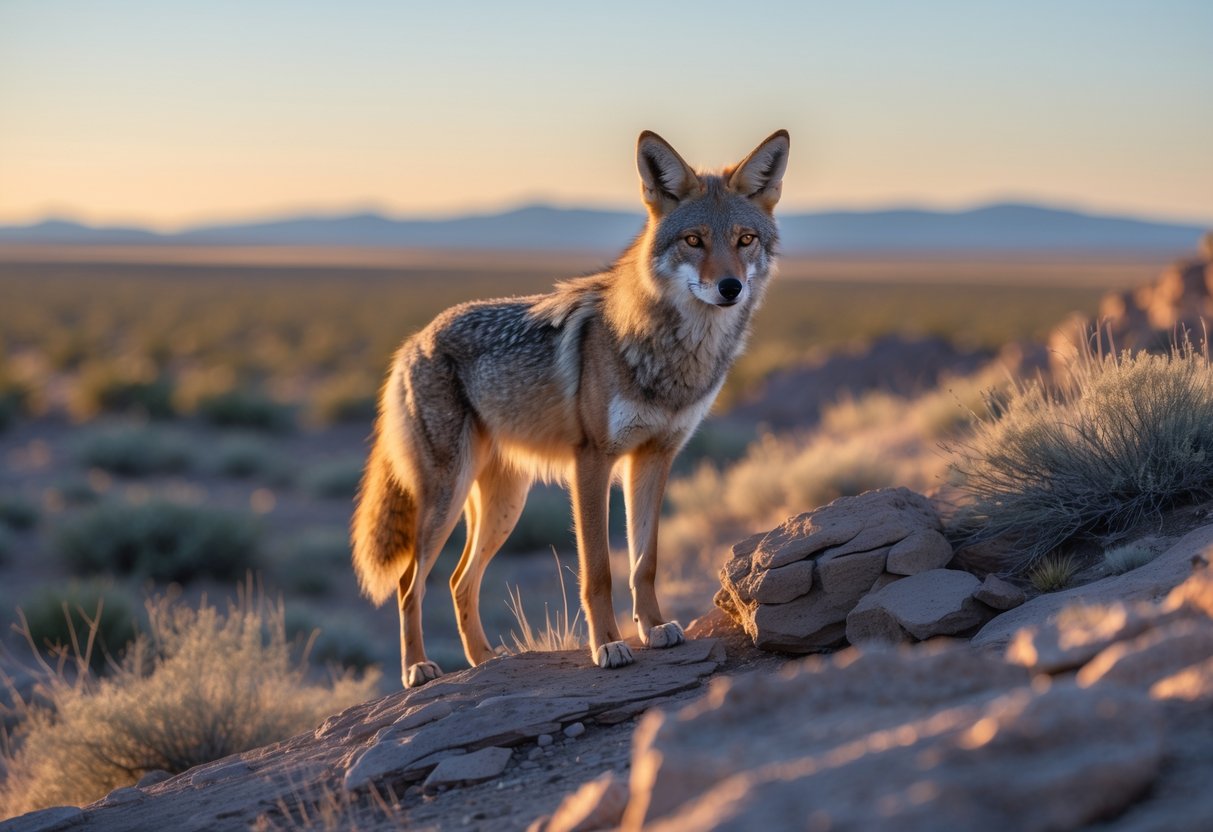 A coyote standing alert on rocky terrain with desert plants and an open landscape in the background under warm sunlight.