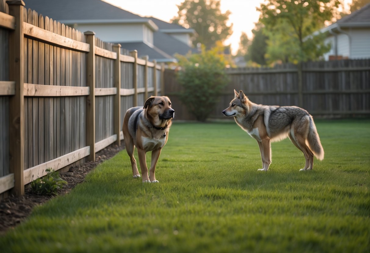 A dog stands near a wooden fence while a coyote looks at it from the other side in a suburban backyard.