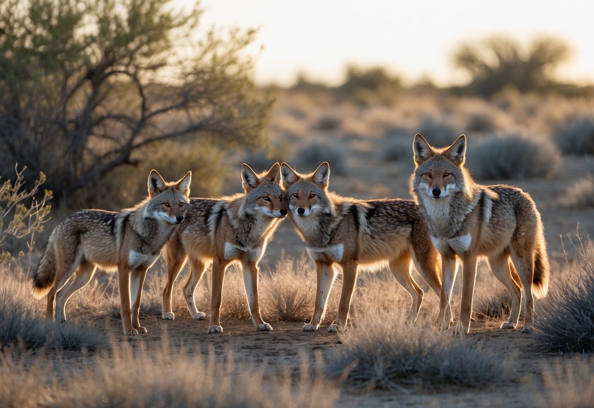 A group of five coyotes interacting in a grassy natural habitat with shrubs under a clear sky.